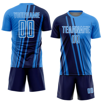 Custom Powder Blue Navy-White Lines Sports Sublimation Soccer Uniform Jersey