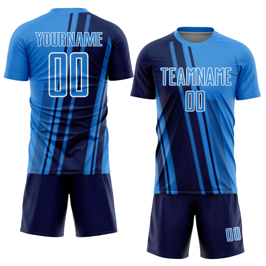 Custom Powder Blue Navy-White Lines Sports Sublimation Soccer Uniform Jersey