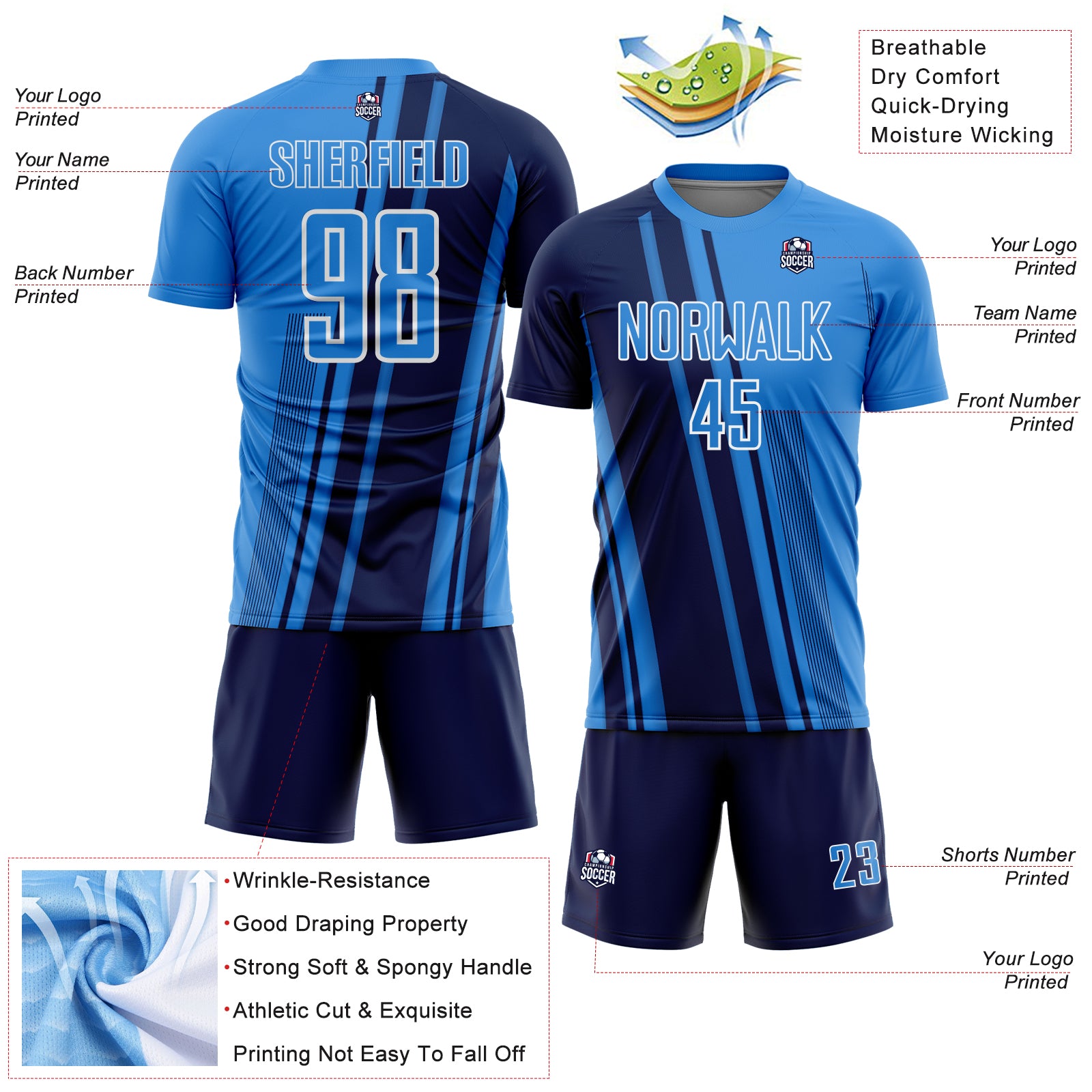Custom Powder Blue Navy-White Lines Sports Sublimation Soccer Uniform Jersey