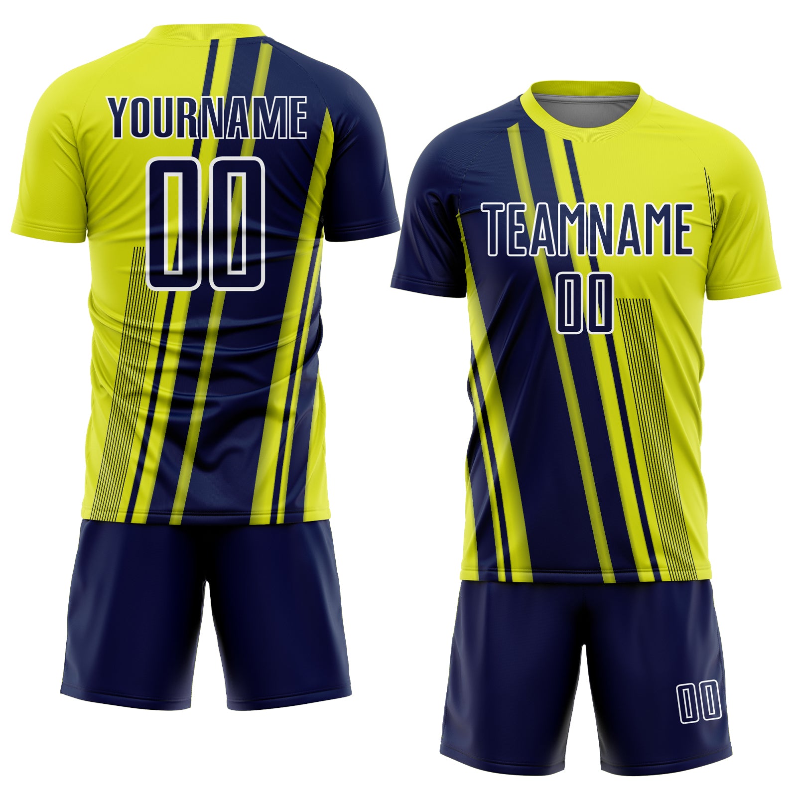 Custom Neon Yellow Navy-White Lines Sports Sublimation Soccer Uniform Jersey