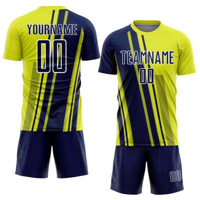 Custom Neon Yellow Navy-White Lines Sports Sublimation Soccer Uniform Jersey