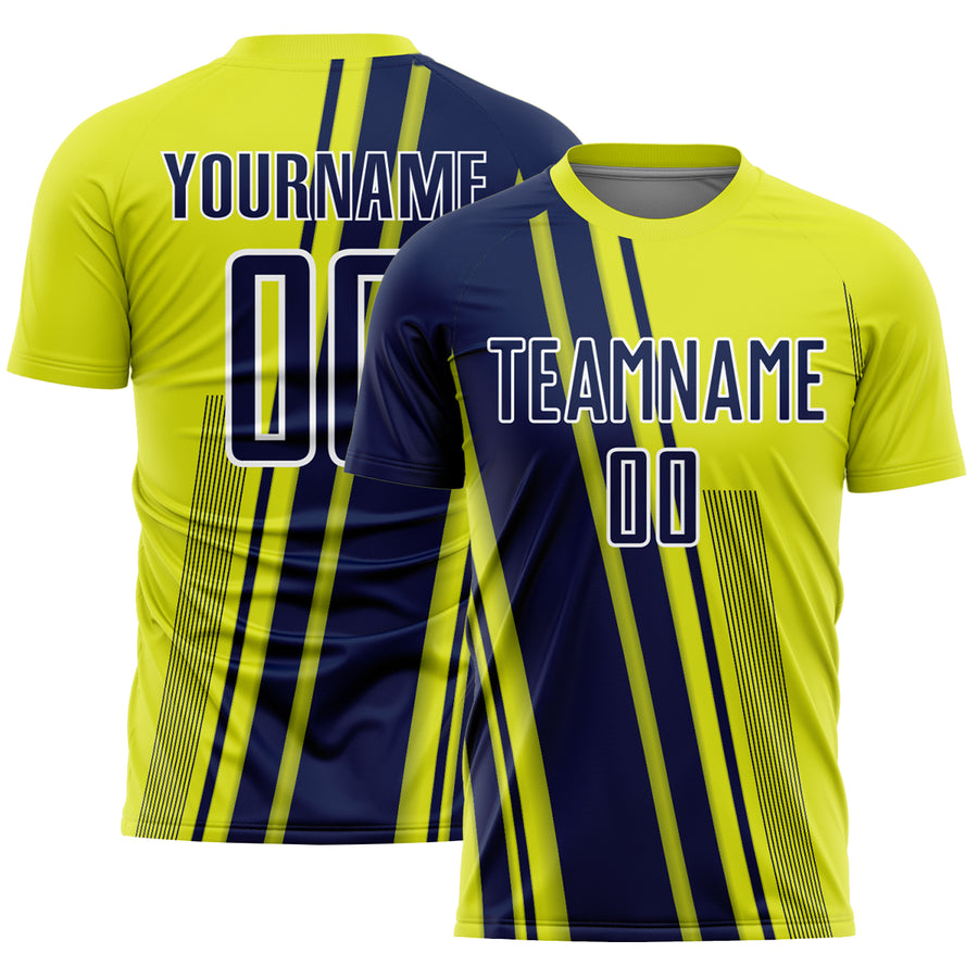 Custom Neon Yellow Navy-White Lines Sports Sublimation Soccer Uniform Jersey