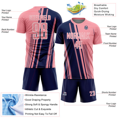 Custom Medium Pink Navy-White Lines Sports Sublimation Soccer Uniform Jersey