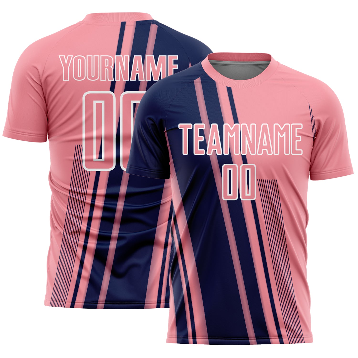 Custom Medium Pink Navy-White Lines Sports Sublimation Soccer Uniform Jersey