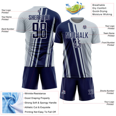 Custom Silver Navy-White Lines Sports Sublimation Soccer Uniform Jersey