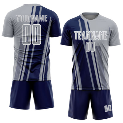 Custom Gray Navy-White Lines Sports Sublimation Soccer Uniform Jersey