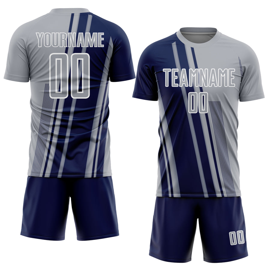 Custom Gray Navy-White Lines Sports Sublimation Soccer Uniform Jersey