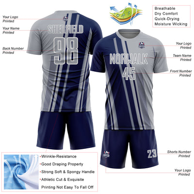 Custom Gray Navy-White Lines Sports Sublimation Soccer Uniform Jersey
