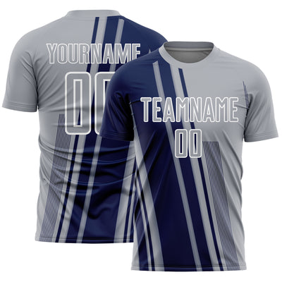 Custom Gray Navy-White Lines Sports Sublimation Soccer Uniform Jersey