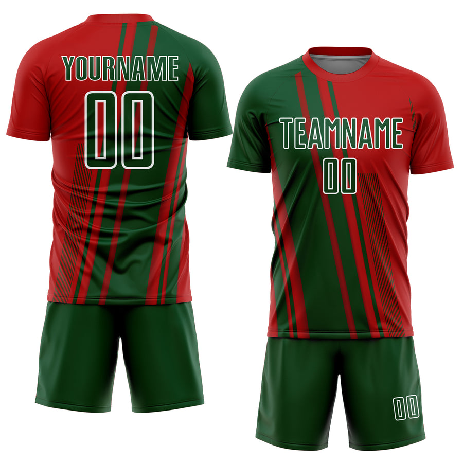 Custom Red Green-White Lines Sports Sublimation Soccer Uniform Jersey