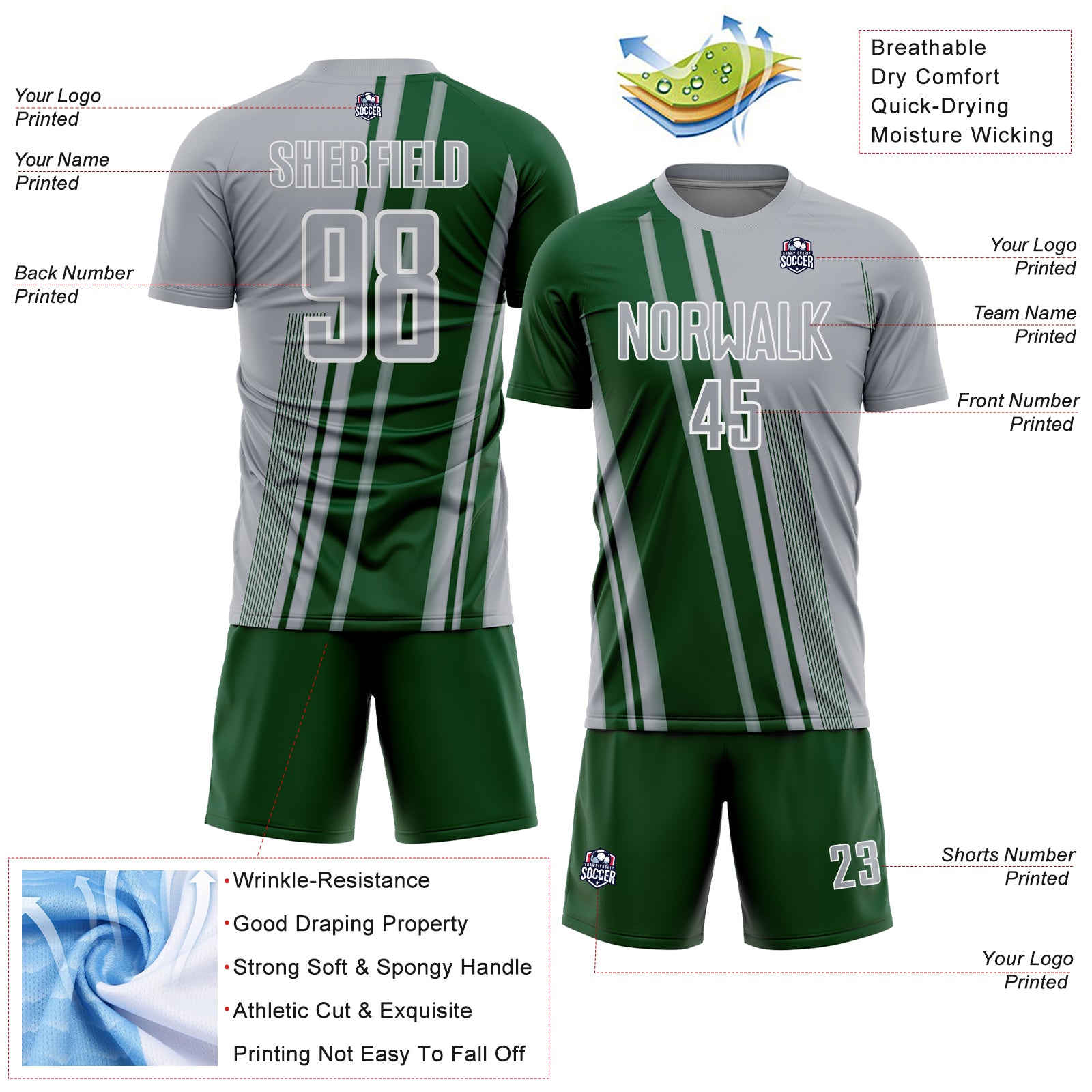 Custom Gray Green-White Lines Sports Sublimation Soccer Uniform Jersey