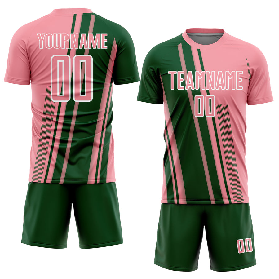 Custom Medium Pink Green-White Lines Sports Sublimation Soccer Uniform Jersey