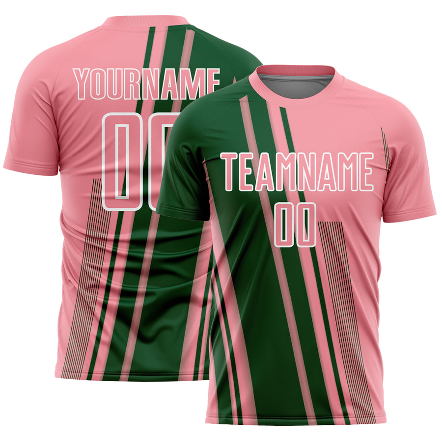 Custom Medium Pink Green-White Lines Sports Sublimation Soccer Uniform Jersey