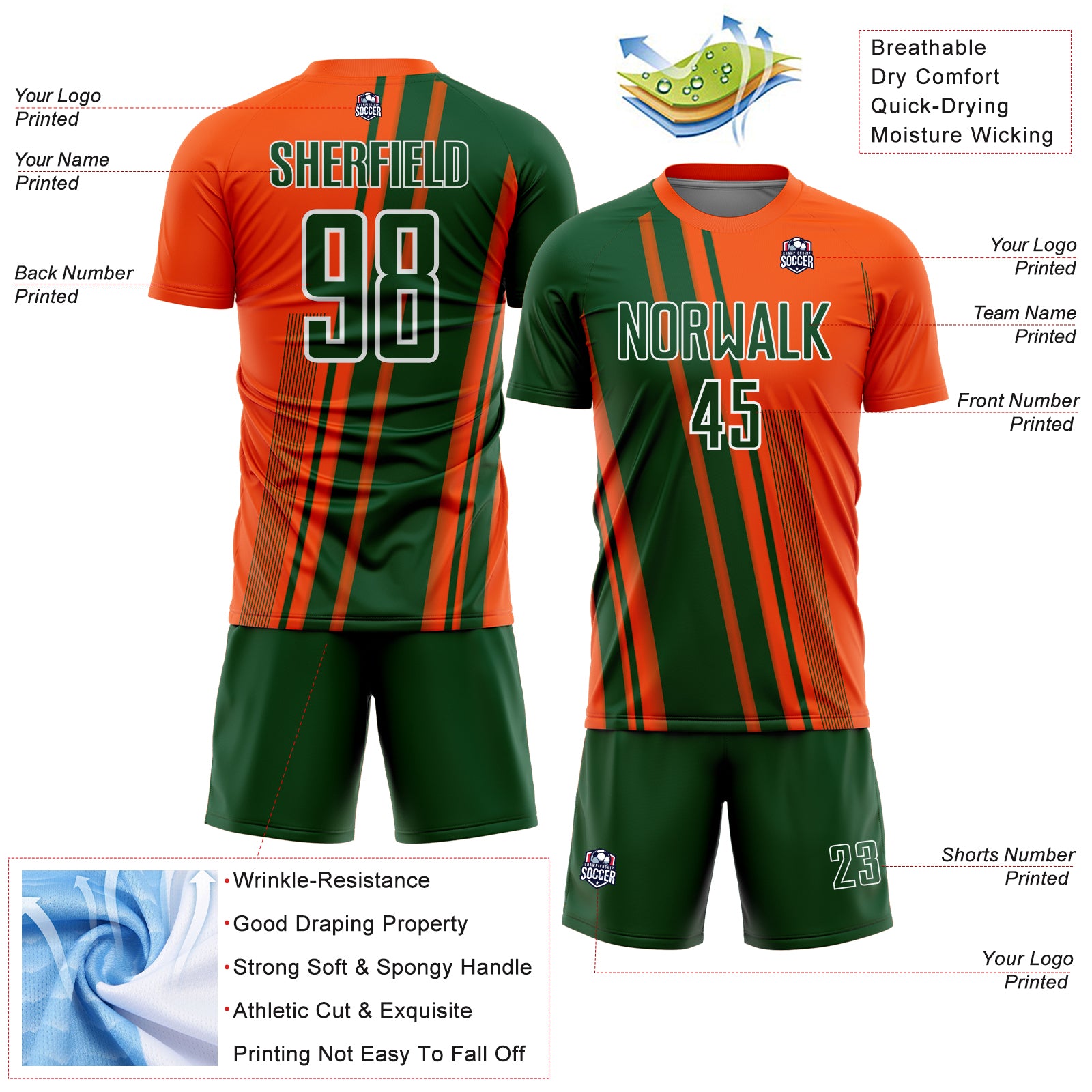 Custom Orange Green-White Lines Sports Sublimation Soccer Uniform Jersey