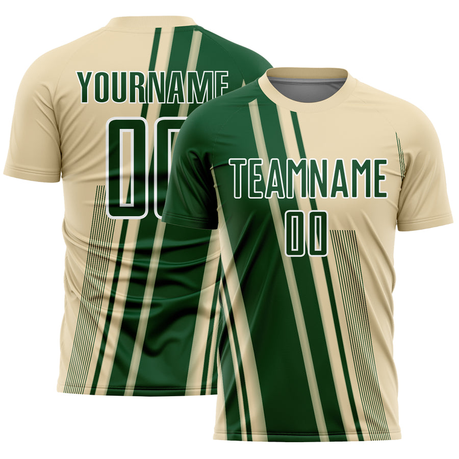 Custom Cream Green-White Lines Sports Sublimation Soccer Uniform Jersey