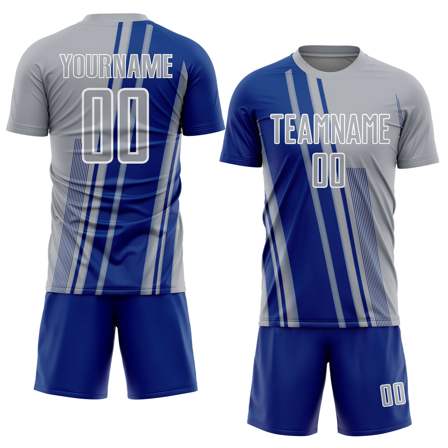 Custom Gray Royal-White Lines Sports Sublimation Soccer Uniform Jersey