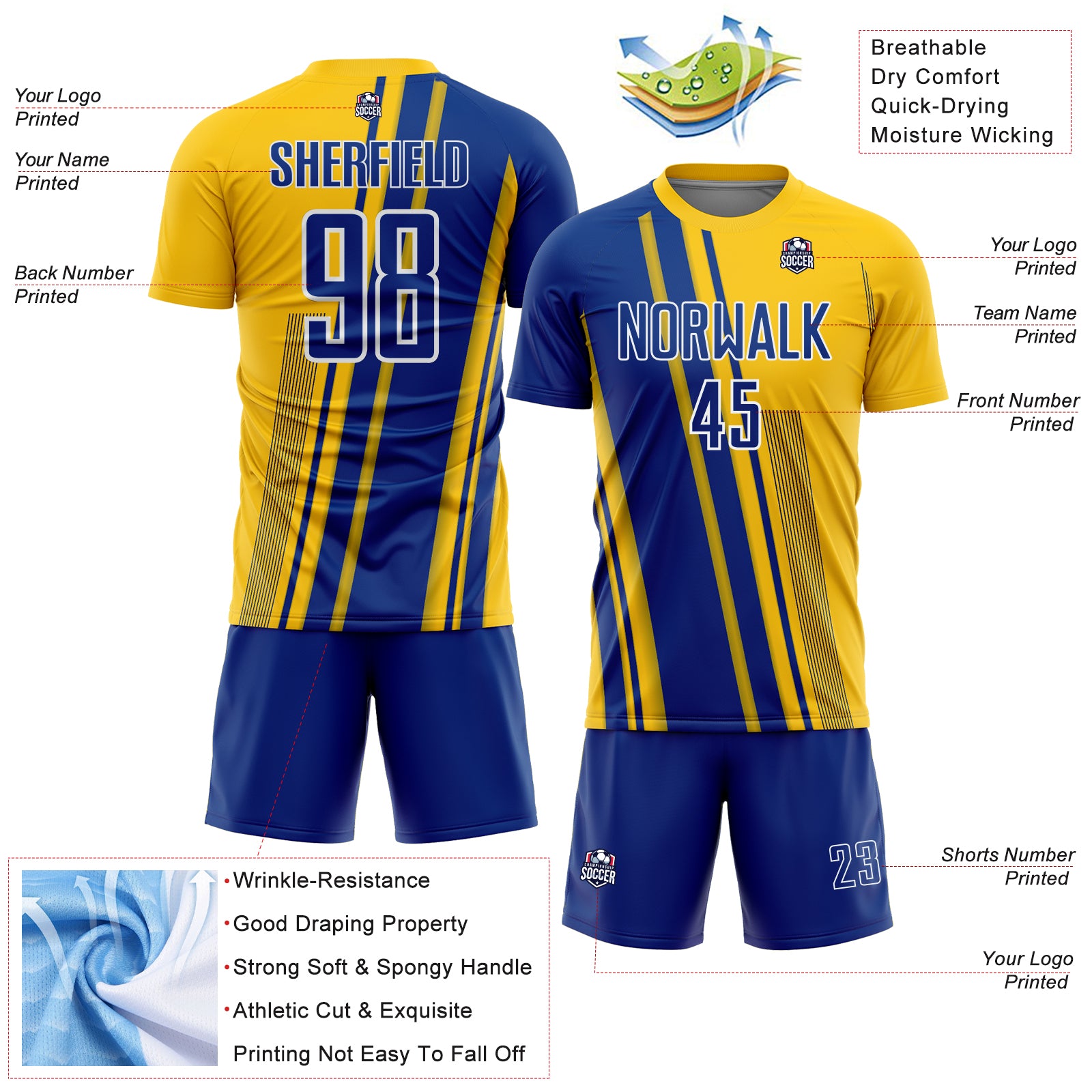 Custom Yellow Royal-White Lines Sports Sublimation Soccer Uniform Jersey