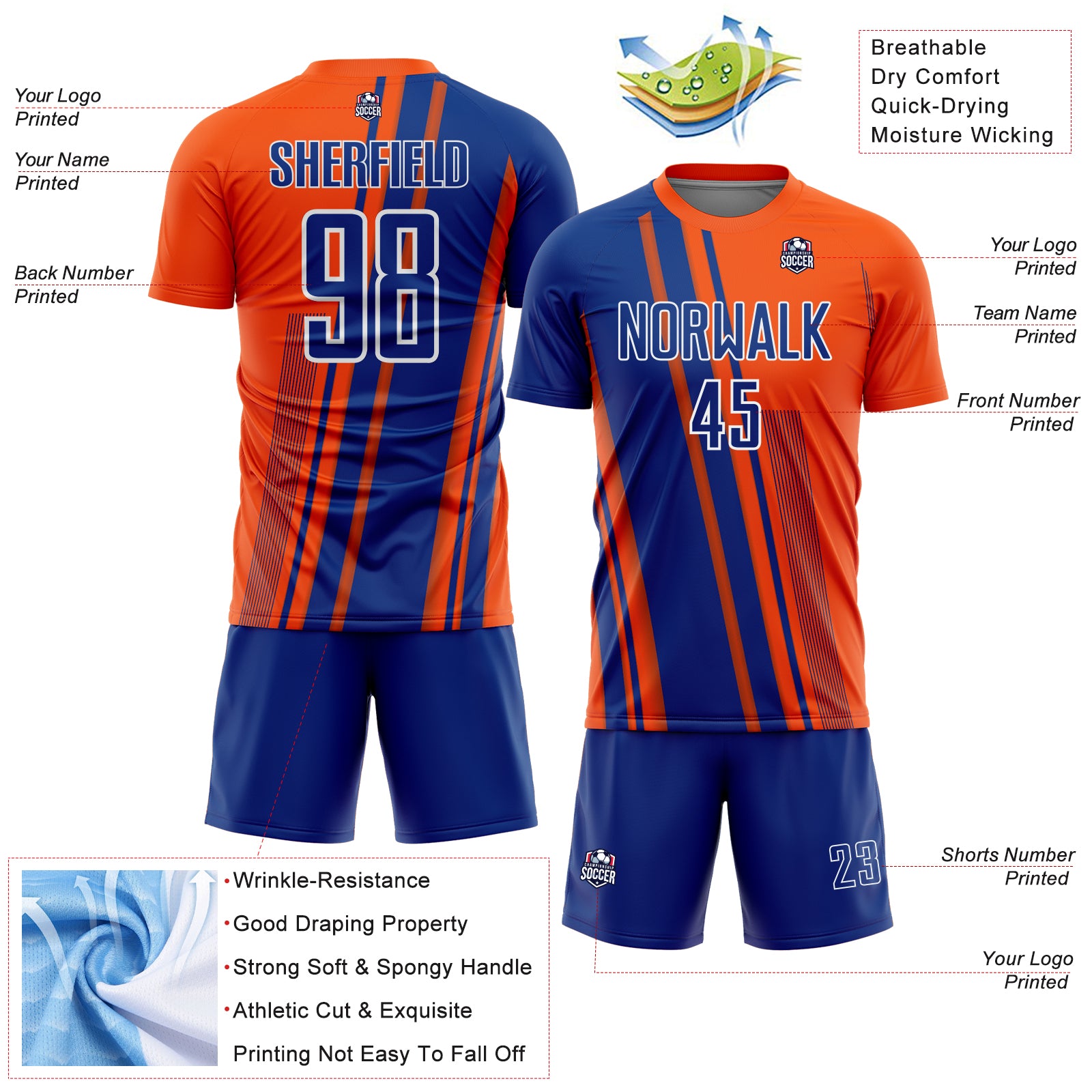 Custom Orange Royal-White Lines Sports Sublimation Soccer Uniform Jersey