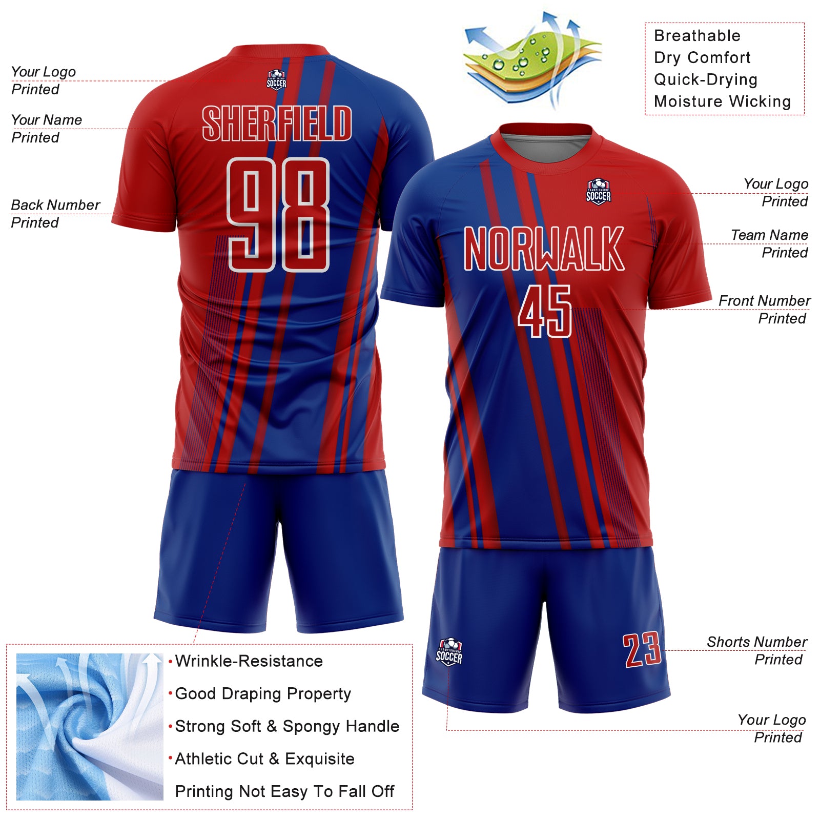 Custom Red Royal-White Lines Sports Sublimation Soccer Uniform Jersey