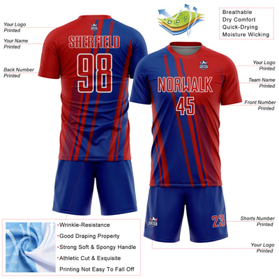 Custom Red Royal-White Lines Sports Sublimation Soccer Uniform Jersey