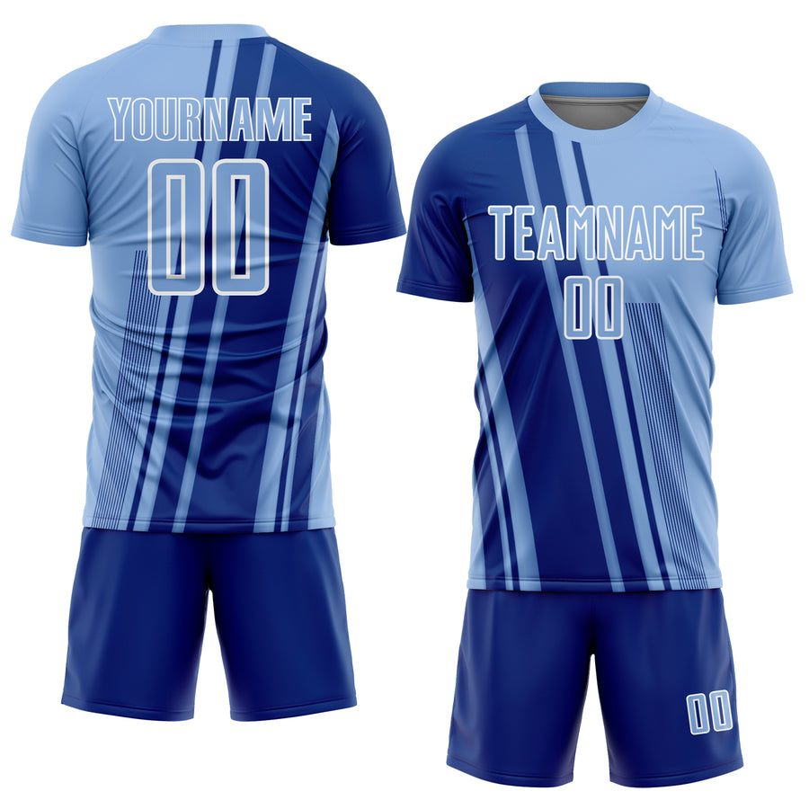 Custom Light Blue Royal-White Lines Sports Sublimation Soccer Uniform Jersey