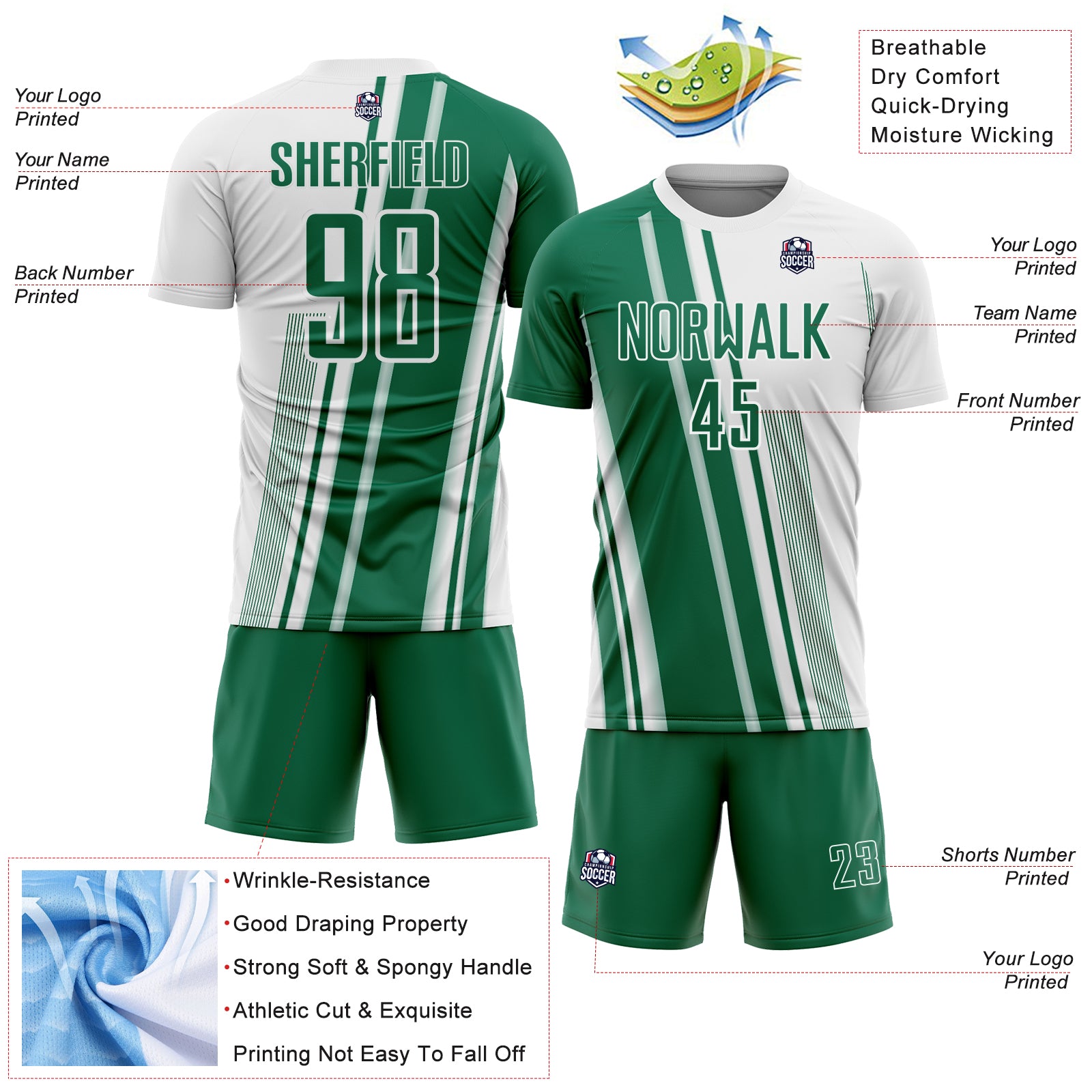 Custom White Kelly Green Lines Sports Sublimation Soccer Uniform Jersey