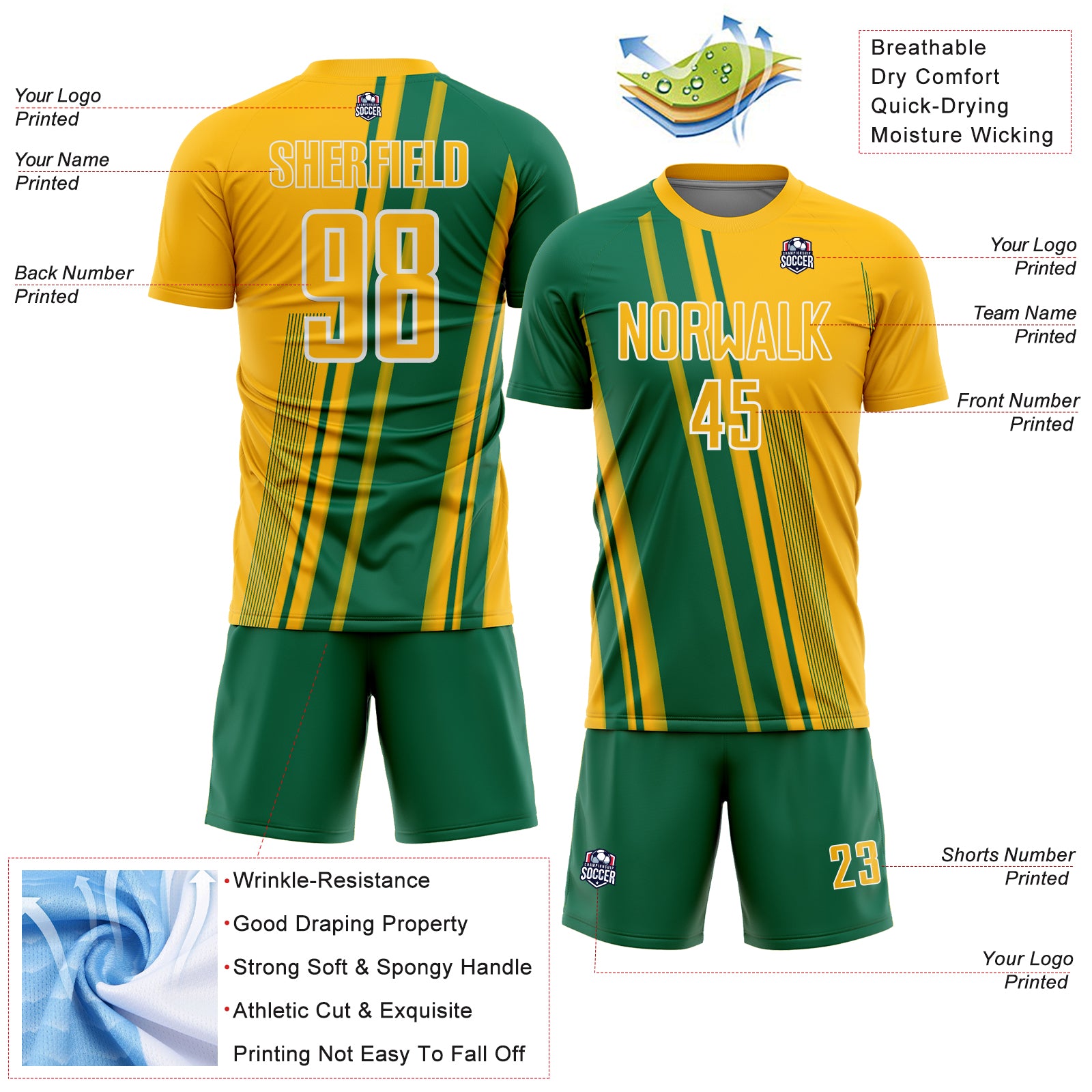 Custom Gold Kelly Green-White Lines Sports Sublimation Soccer Uniform Jersey