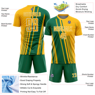 Custom Gold Kelly Green-White Lines Sports Sublimation Soccer Uniform Jersey