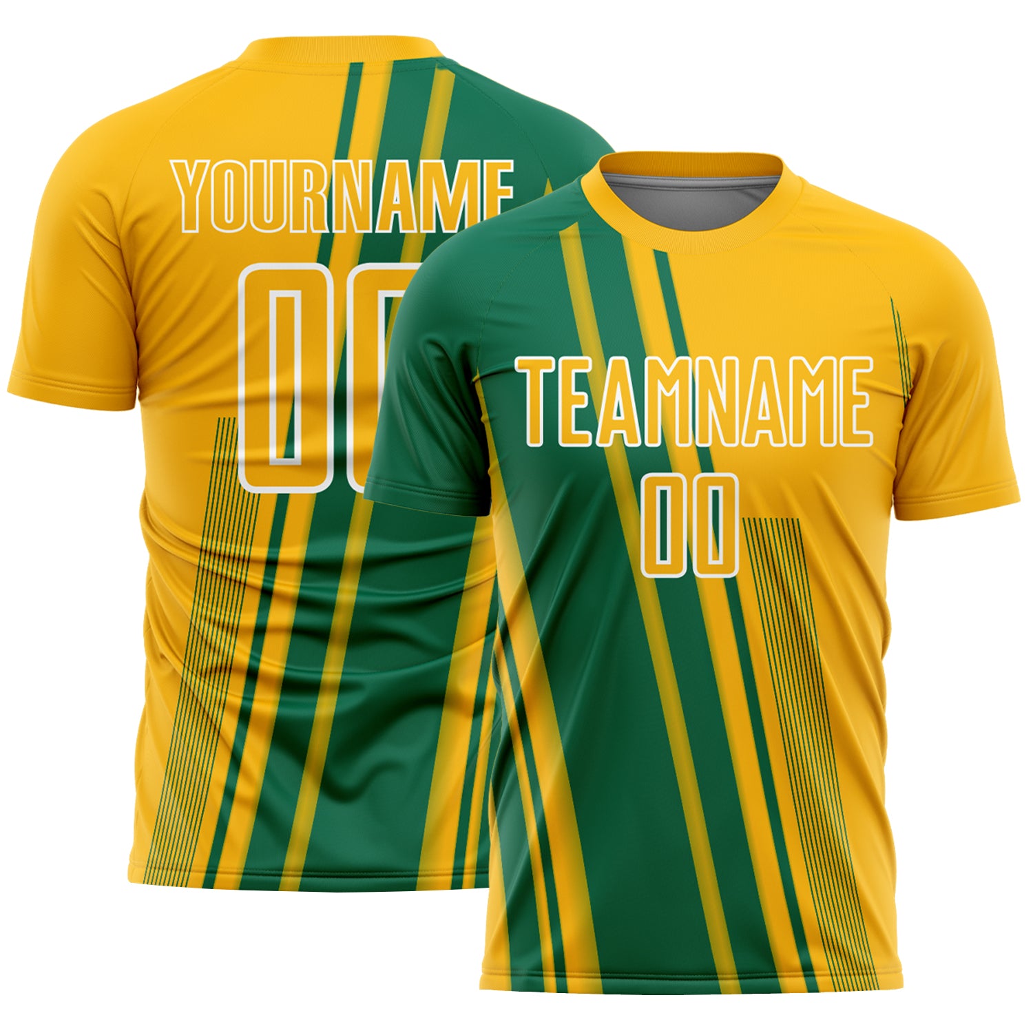 Custom Gold Kelly Green-White Lines Sports Sublimation Soccer Uniform Jersey