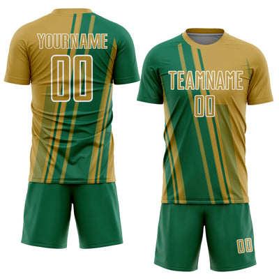 Custom Old Gold Kelly Green-White Lines Sports Sublimation Soccer Uniform Jersey