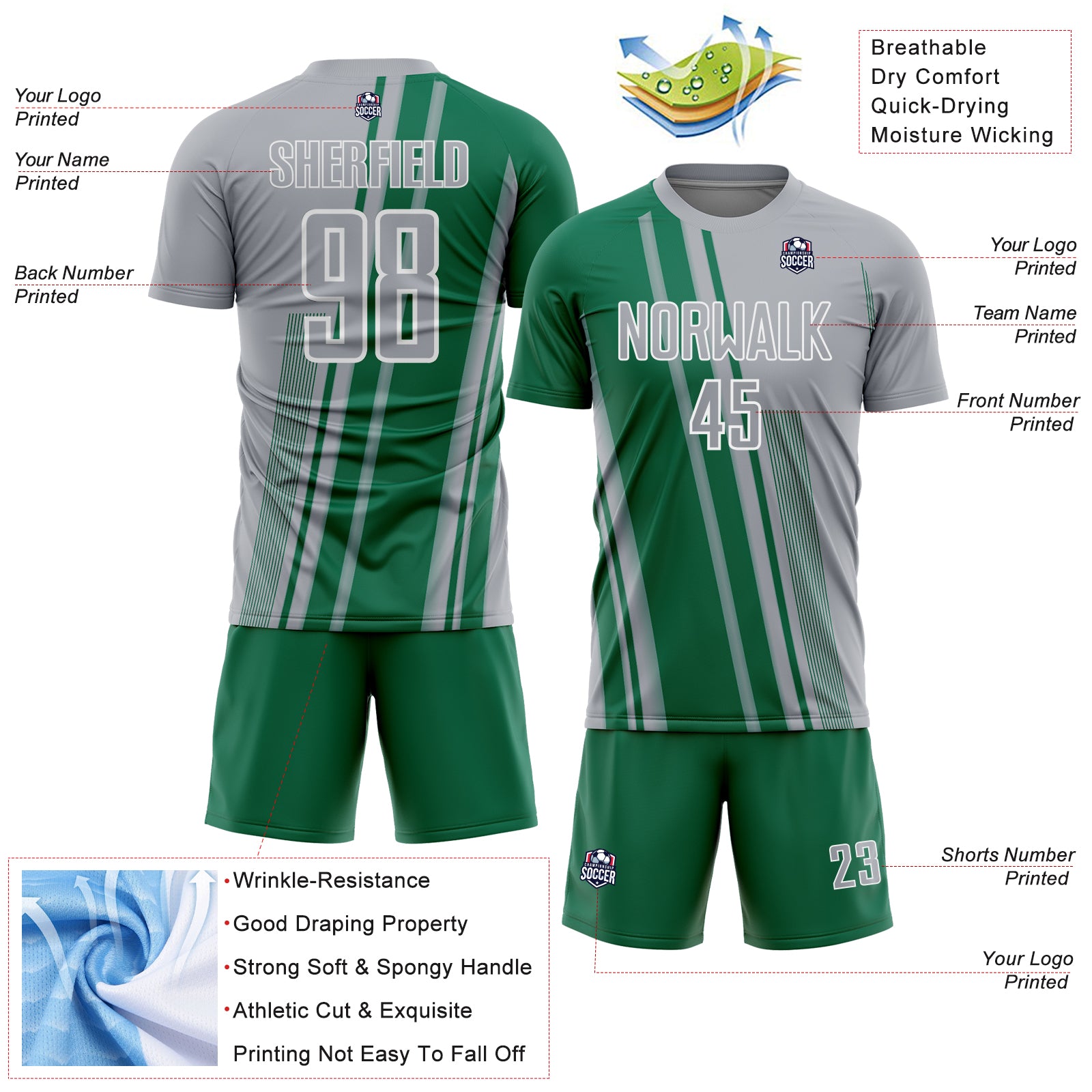 Custom Gray Kelly Green-White Lines Sports Sublimation Soccer Uniform Jersey
