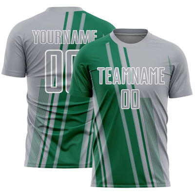 Custom Gray Kelly Green-White Lines Sports Sublimation Soccer Uniform Jersey