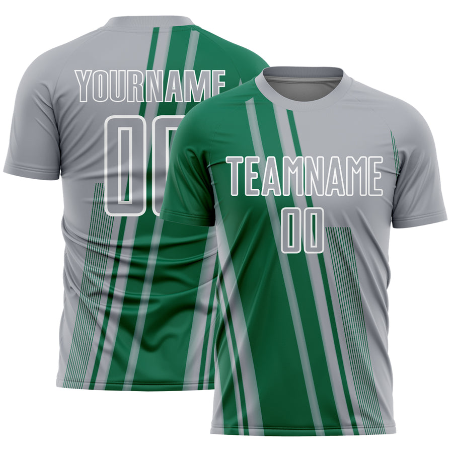 Custom Gray Kelly Green-White Lines Sports Sublimation Soccer Uniform Jersey