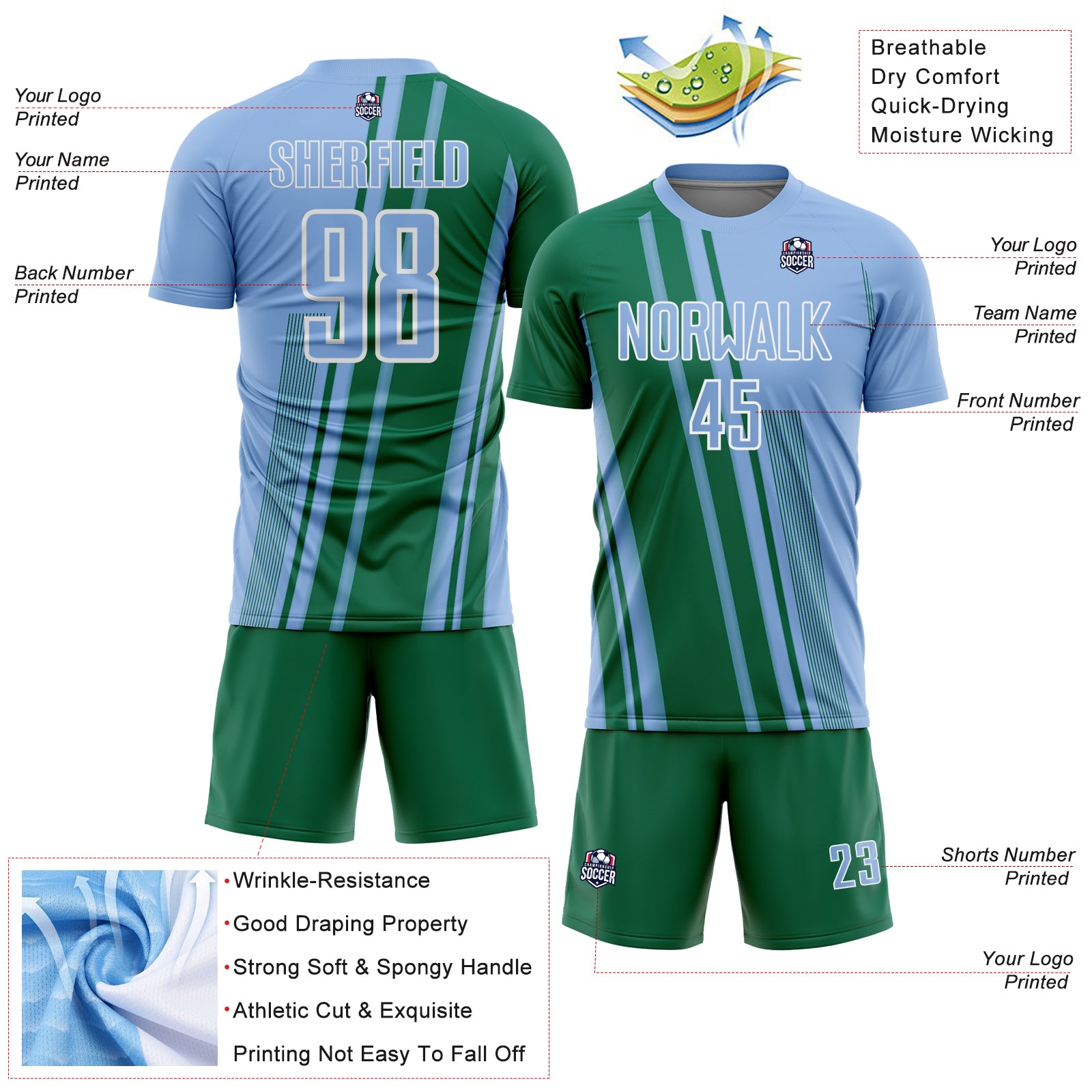 Custom Light Blue Kelly Green-White Lines Sports Sublimation Soccer Uniform Jersey