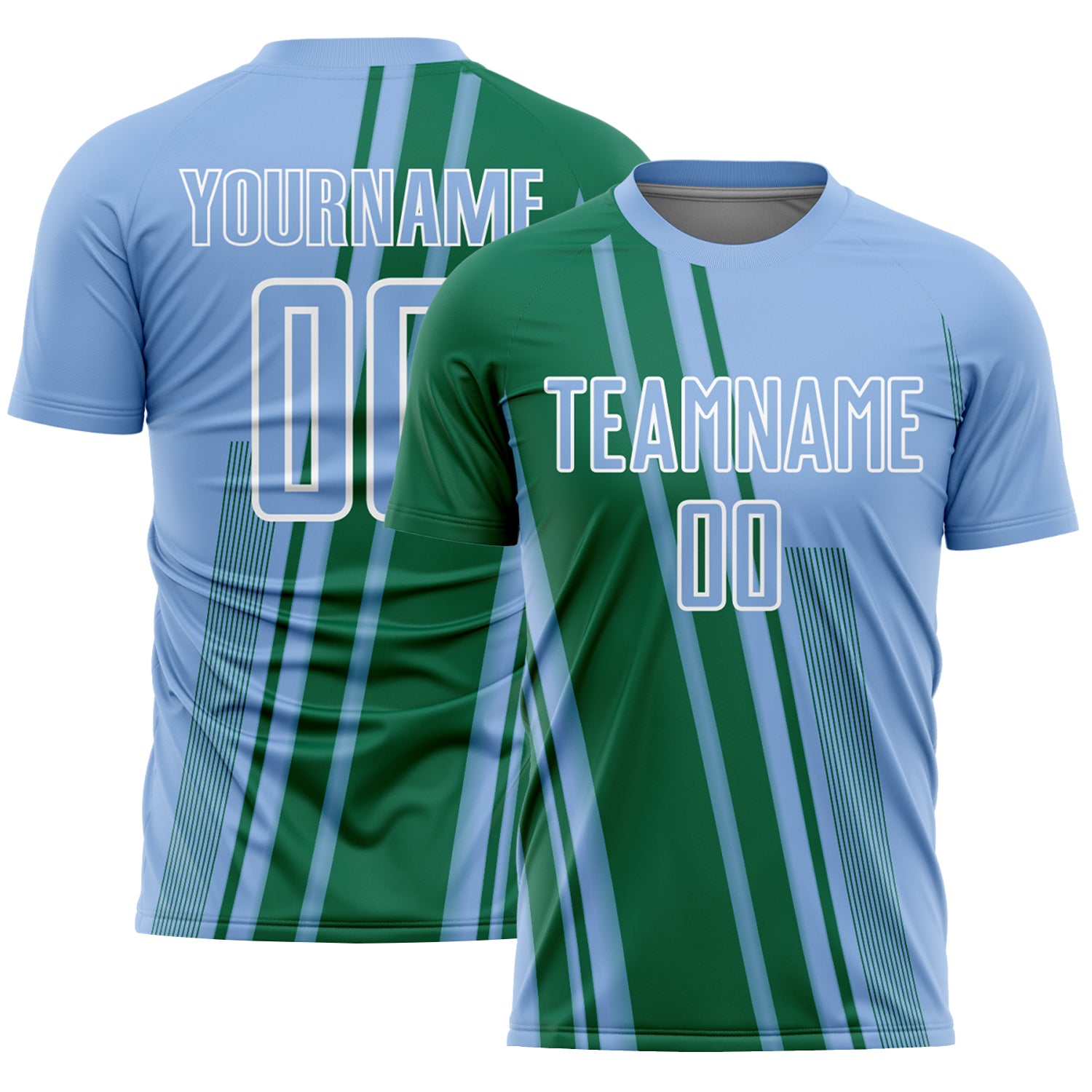Custom Light Blue Kelly Green-White Lines Sports Sublimation Soccer Uniform Jersey