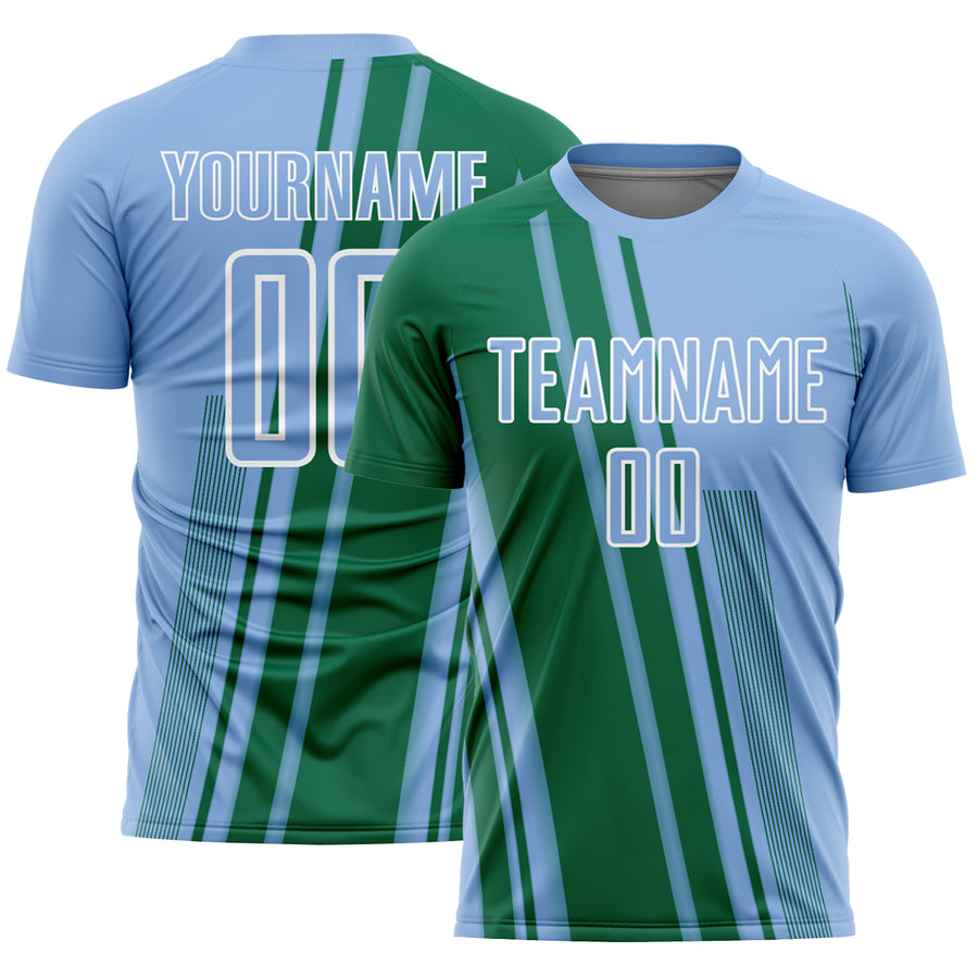 Custom Light Blue Kelly Green-White Lines Sports Sublimation Soccer Uniform Jersey