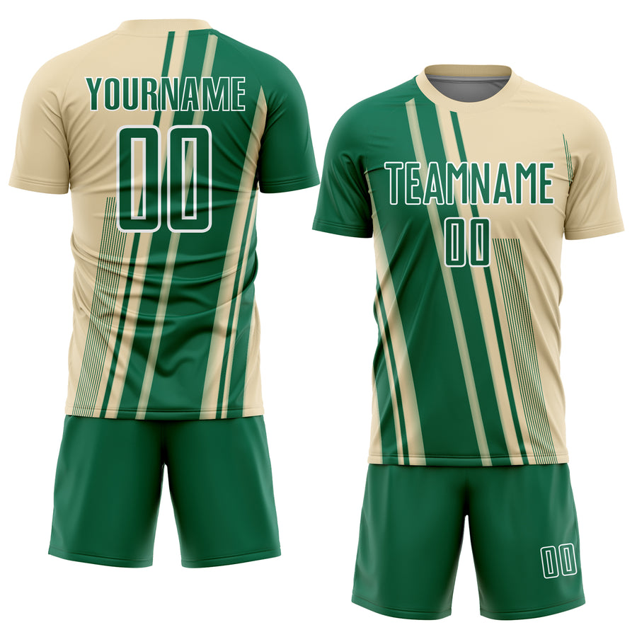 Custom Cream Kelly Green-White Lines Sports Sublimation Soccer Uniform Jersey
