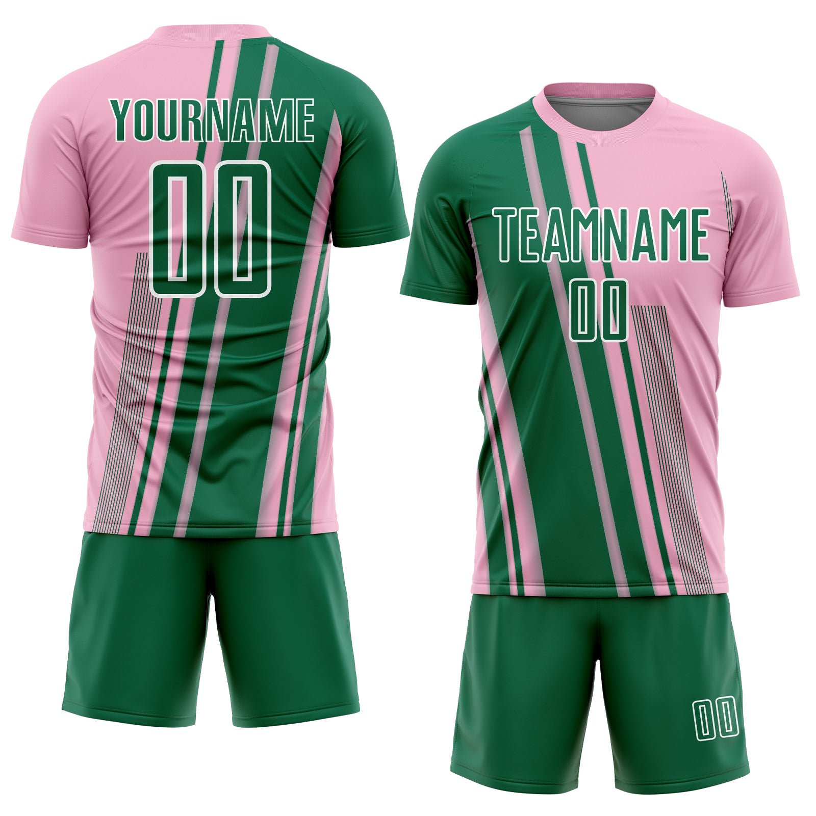 Custom Light Pink Kelly Green-White Lines Sports Sublimation Soccer Uniform Jersey