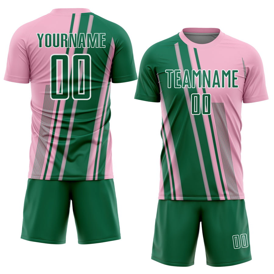 Custom Light Pink Kelly Green-White Lines Sports Sublimation Soccer Uniform Jersey