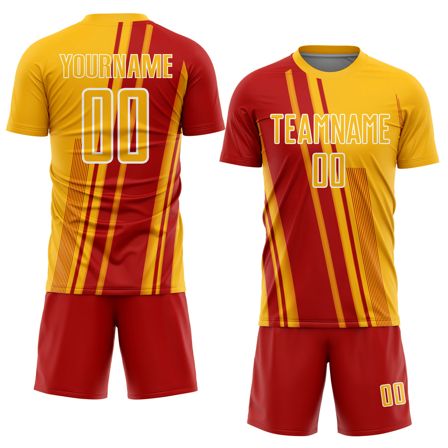 Custom Gold Red-White Lines Sports Sublimation Soccer Uniform Jersey