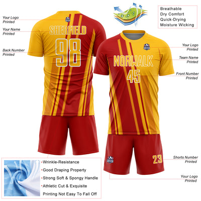 Custom Gold Red-White Lines Sports Sublimation Soccer Uniform Jersey
