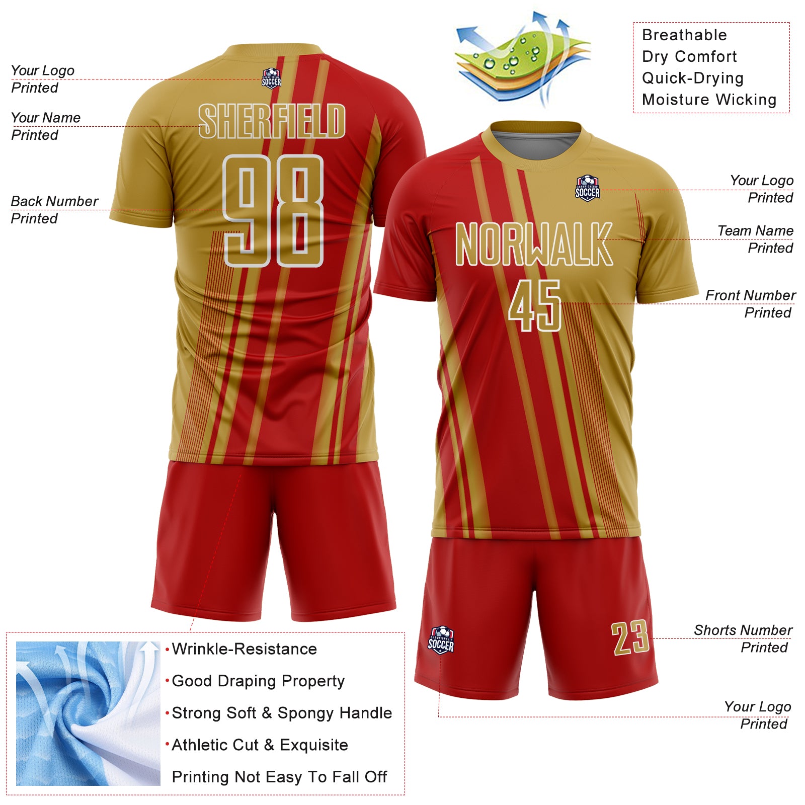 Custom Old Gold Red-White Lines Sports Sublimation Soccer Uniform Jersey