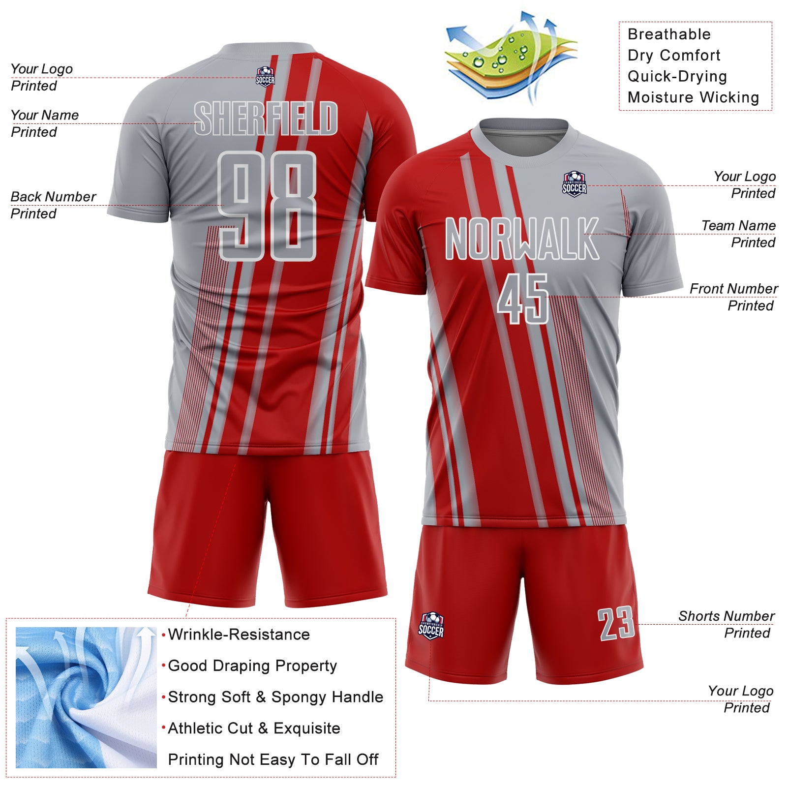 Custom Gray Red-White Lines Sports Sublimation Soccer Uniform Jersey