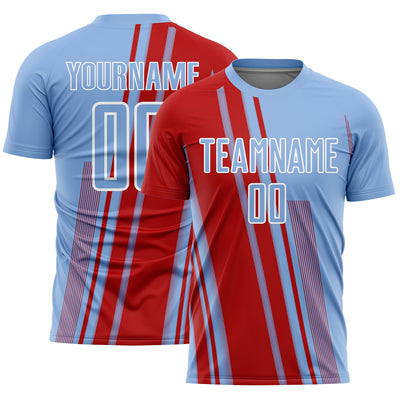 Custom Light Blue Red-White Lines Sports Sublimation Soccer Uniform Jersey
