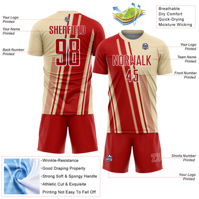Custom Cream Red-White Lines Sports Sublimation Soccer Uniform Jersey