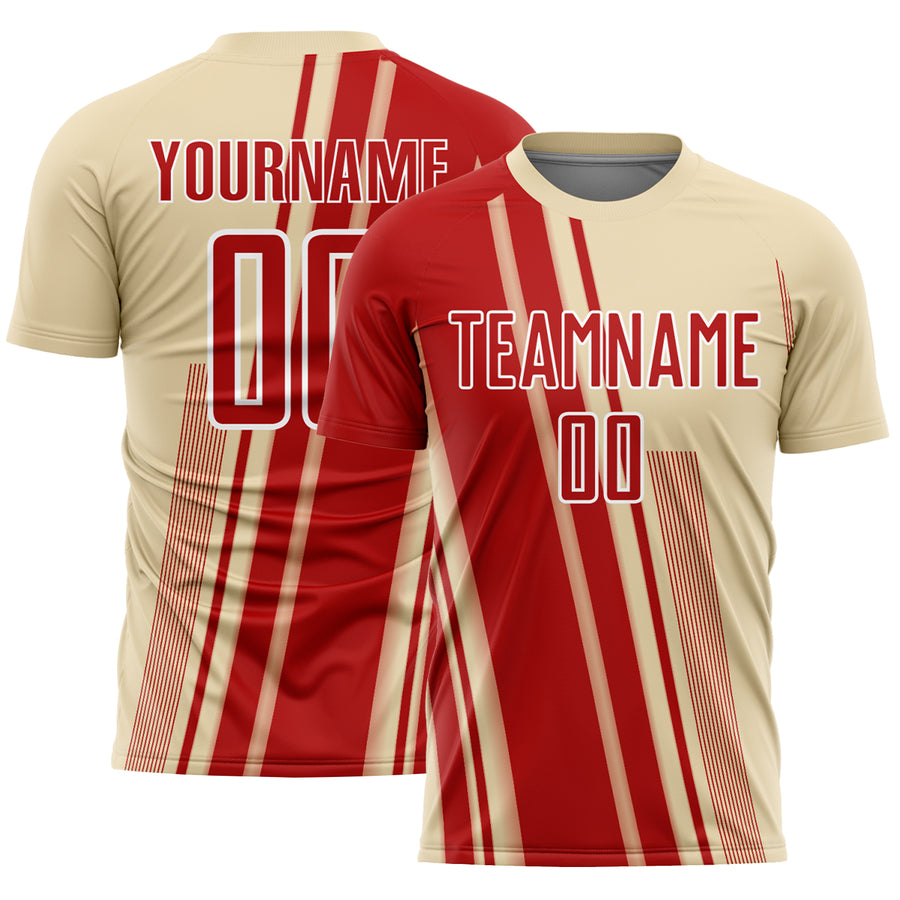 Custom Cream Red-White Lines Sports Sublimation Soccer Uniform Jersey