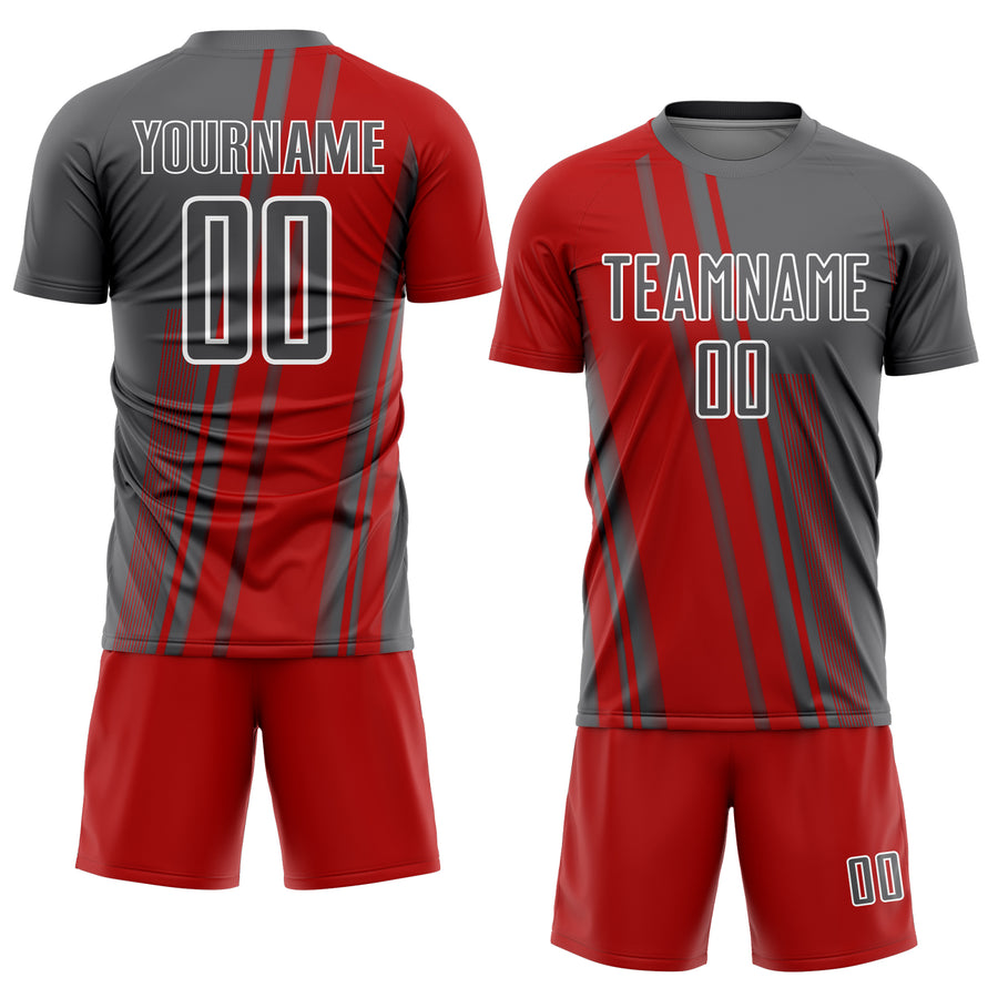 Custom Steel Gray Red-White Lines Sports Sublimation Soccer Uniform Jersey