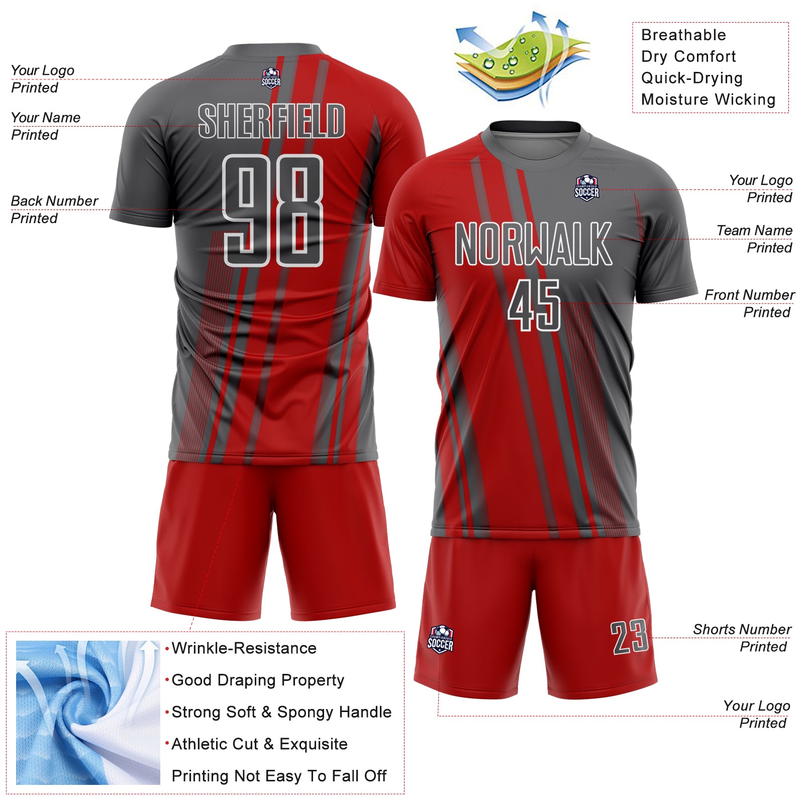 Custom Steel Gray Red-White Lines Sports Sublimation Soccer Uniform Jersey