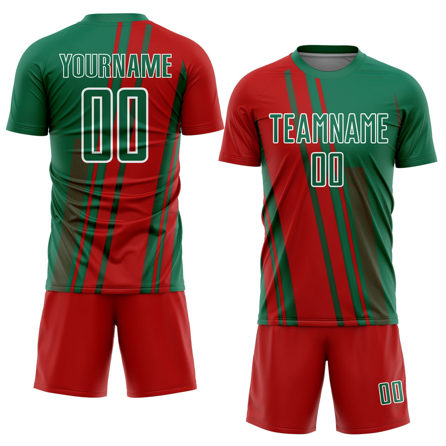 Custom Kelly Green Red-White Lines Sports Sublimation Soccer Uniform Jersey