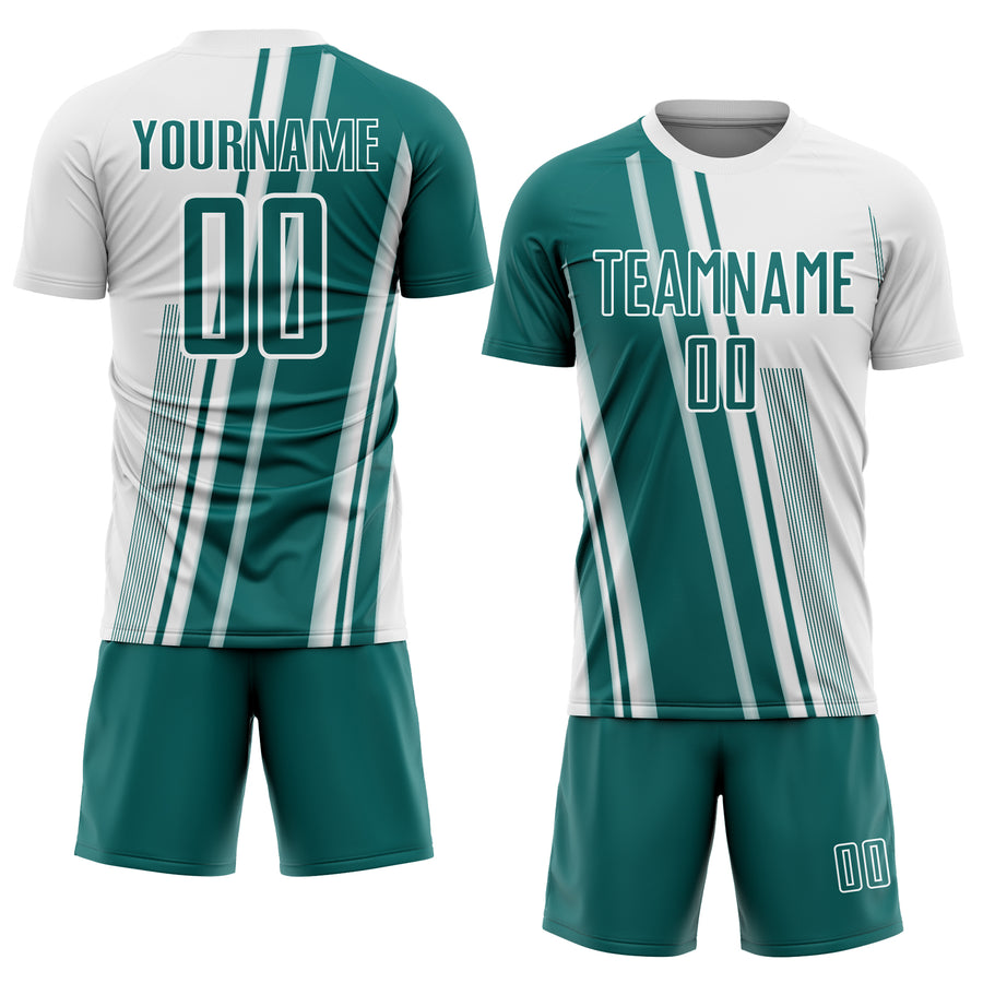 Custom White Teal Lines Sports Sublimation Soccer Uniform Jersey